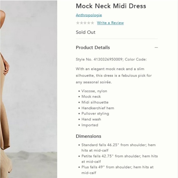 Anthropologie Mock Neck Midi Dress Tan size XL - Picture 12 of 15